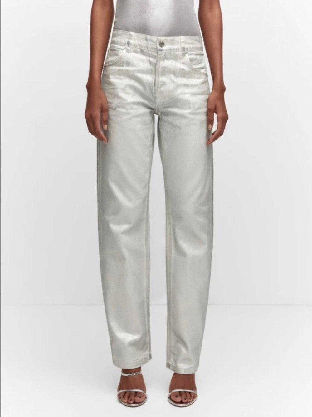 NWT MANGO MNG WHITE DENIM SILVER METALLIC COATED STRAIGHT LEG JEANS SZ 34 US 2